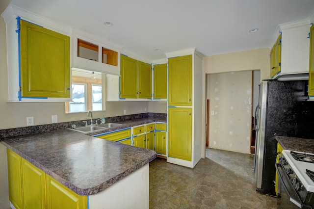 kitchen featuring crown molding, sink, kitchen peninsula, and gas stove