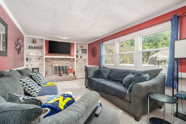 carpeted living room with a brick fireplace, built in features, ornamental molding, and a textured ceiling