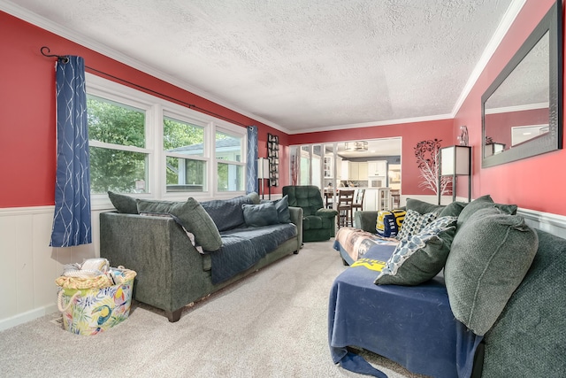 carpeted living room featuring ornamental molding and a textured ceiling