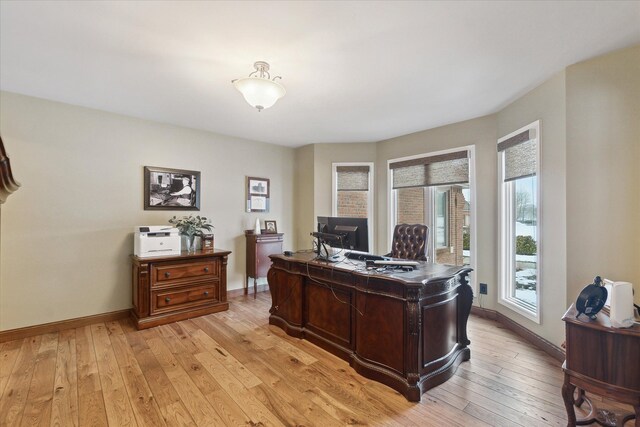 office with light wood-type flooring and baseboards