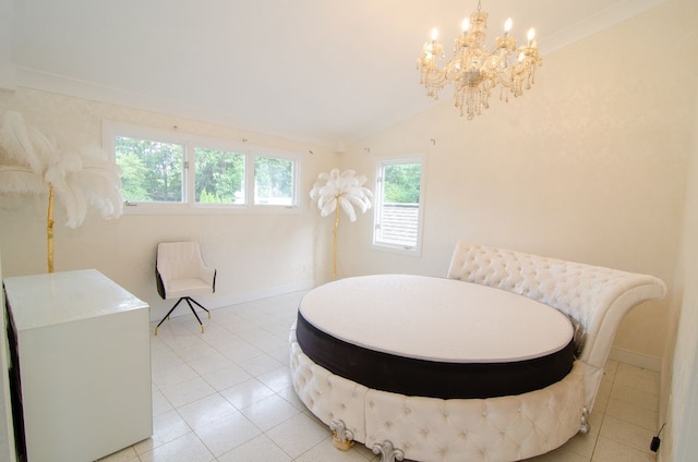 sitting room with lofted ceiling, crown molding, and light tile patterned flooring