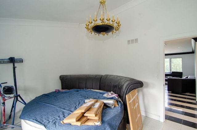 tiled bedroom featuring crown molding