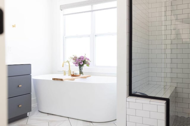 bathroom featuring vanity and independent shower and bath