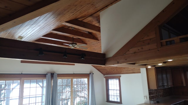 interior details with ceiling fan and beam ceiling