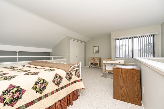 bedroom with vaulted ceiling and a closet