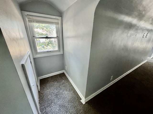 interior space with carpet flooring and vaulted ceiling