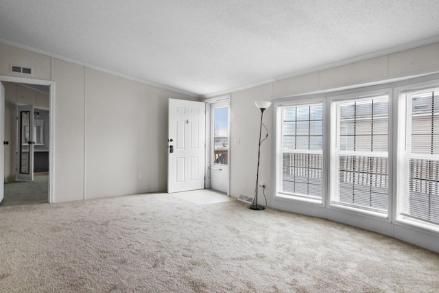 carpeted spare room featuring ornamental molding and a textured ceiling