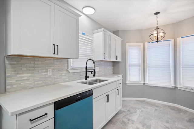 kitchen with sink, white cabinetry, decorative light fixtures, stainless steel dishwasher, and backsplash