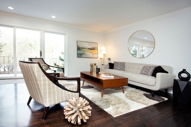 living room with ornamental molding and wood-type flooring