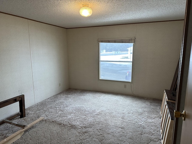 unfurnished room featuring crown molding, carpet floors, and a textured ceiling