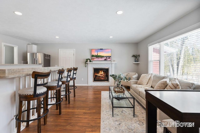 living room with dark hardwood / wood-style floors