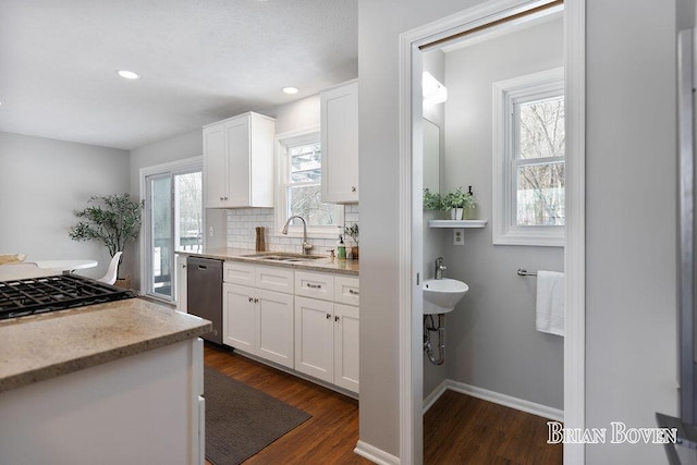 kitchen with white cabinetry, sink, stainless steel dishwasher, and dark hardwood / wood-style floors