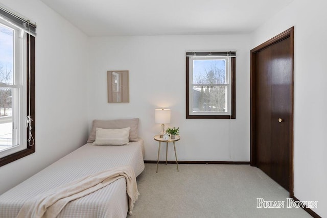 bedroom with light carpet