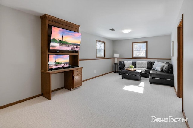 living room featuring light colored carpet