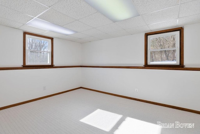 carpeted spare room with a drop ceiling