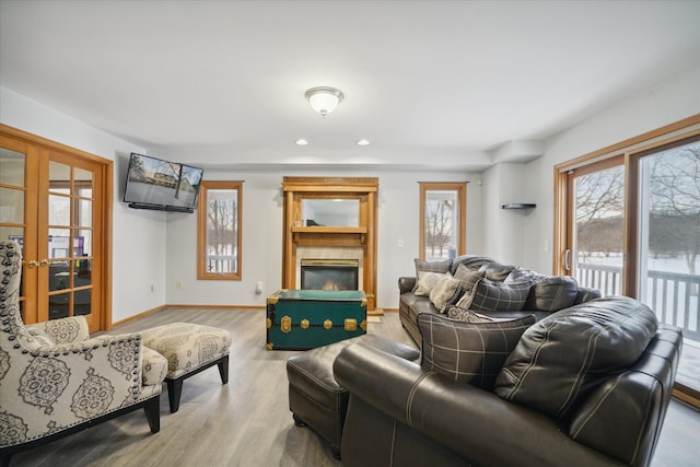 living room featuring light wood-type flooring and french doors