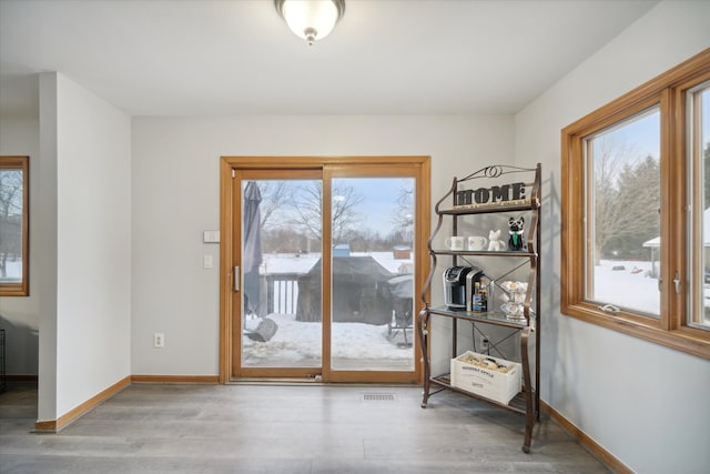 entryway with a healthy amount of sunlight and light hardwood / wood-style flooring