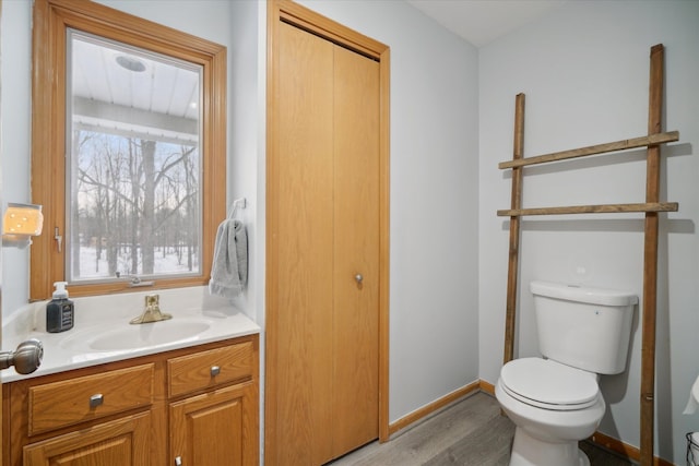 bathroom with vanity, hardwood / wood-style flooring, and toilet