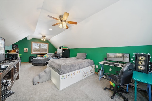 bedroom featuring ceiling fan, lofted ceiling, and carpet floors