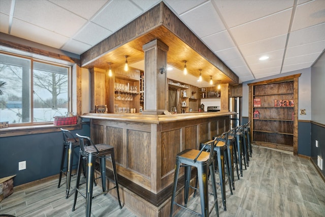 bar featuring stainless steel appliances, a drop ceiling, and light hardwood / wood-style flooring