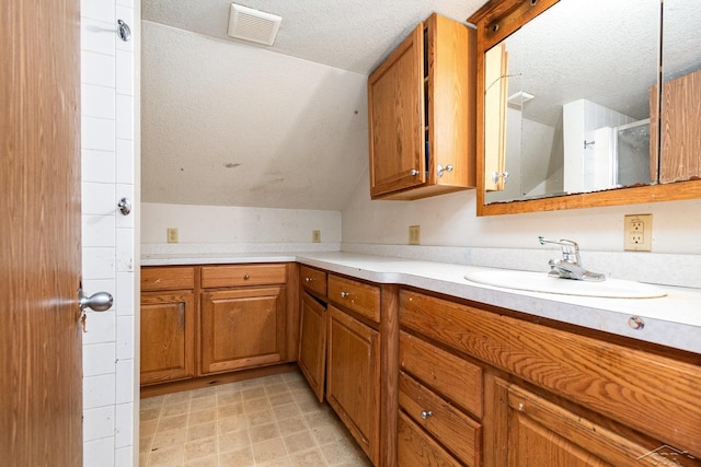 kitchen with vaulted ceiling, sink, and a textured ceiling