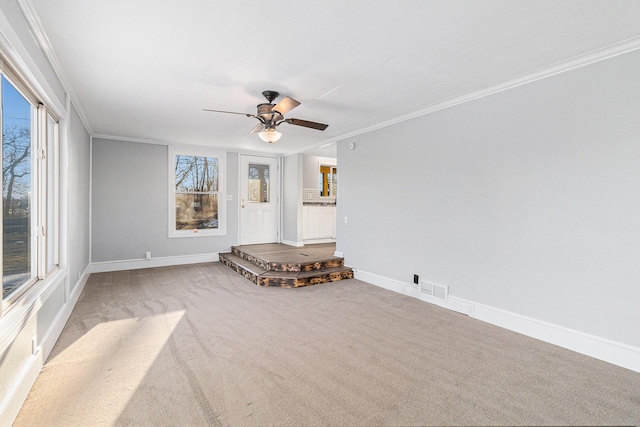 unfurnished living room with ornamental molding, ceiling fan, and carpet flooring