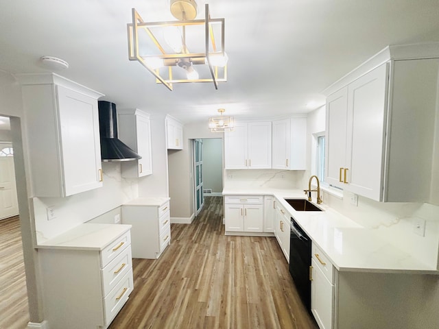 kitchen with wall chimney exhaust hood, dishwasher, sink, and white cabinets