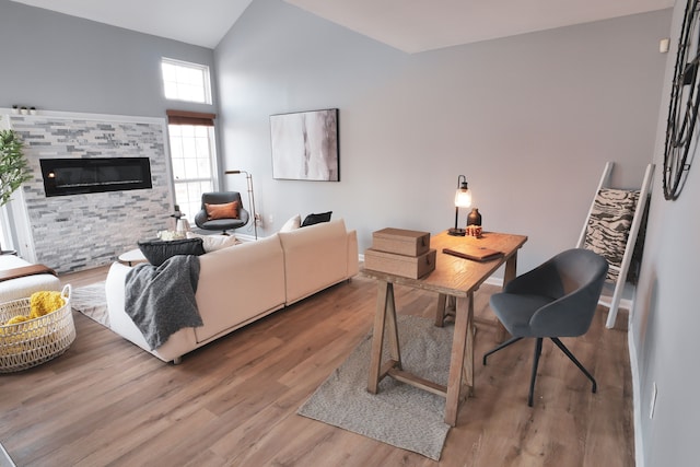 living room with wood-type flooring and high vaulted ceiling