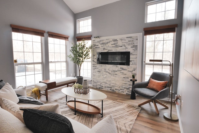 living room with high vaulted ceiling and light hardwood / wood-style flooring