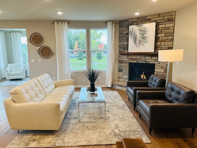 living room featuring a stone fireplace, plenty of natural light, and light wood-type flooring