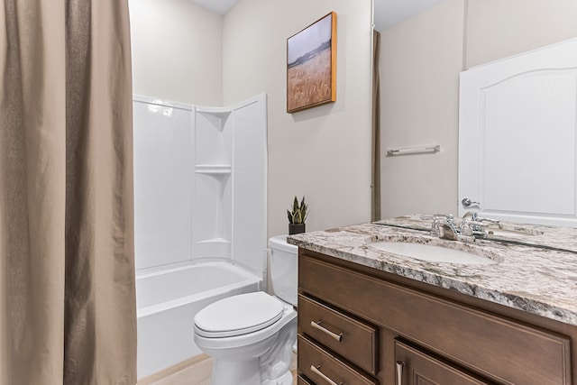 full bathroom with shower / bath combination with curtain, vanity, and toilet