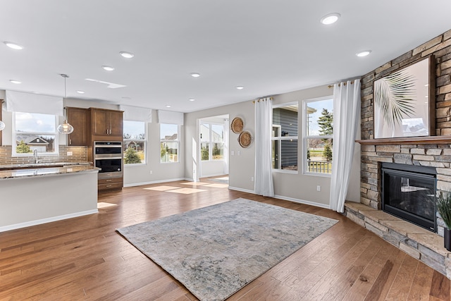 living room featuring wood-type flooring and a fireplace