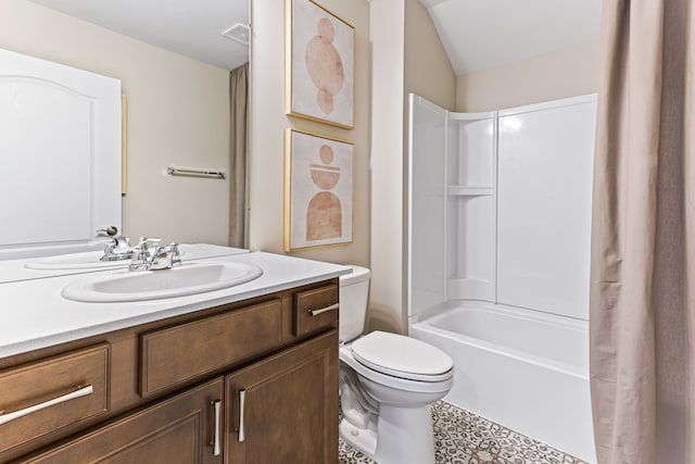 full bathroom with shower / bathtub combination with curtain, vanity, and toilet