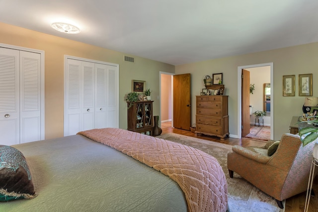 bedroom featuring connected bathroom and two closets