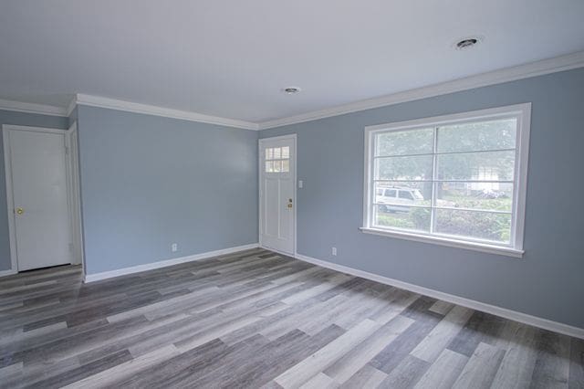 spare room featuring hardwood / wood-style flooring and ornamental molding