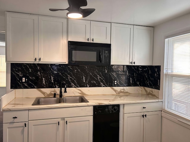 kitchen with white cabinetry, sink, backsplash, ceiling fan, and black appliances