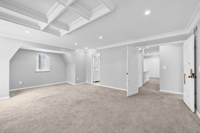 bonus room with carpet floors and beamed ceiling