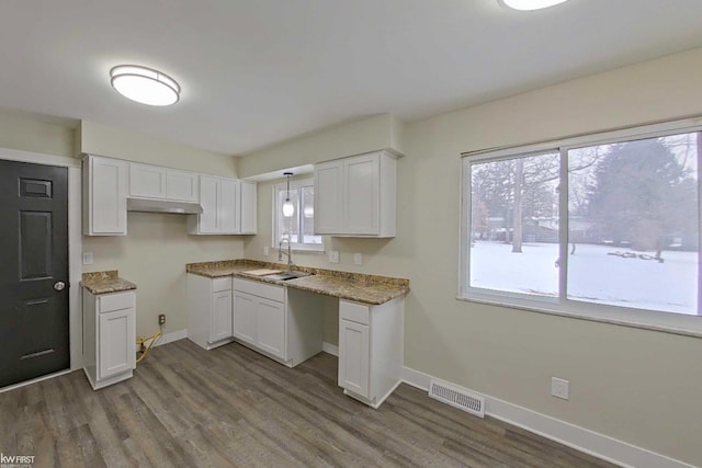 kitchen featuring hardwood / wood-style floors, pendant lighting, white cabinetry, sink, and light stone countertops