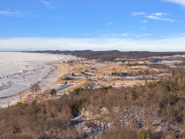 bird's eye view featuring a water and mountain view