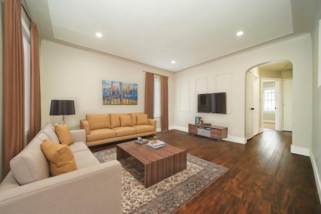 living room with dark hardwood / wood-style floors