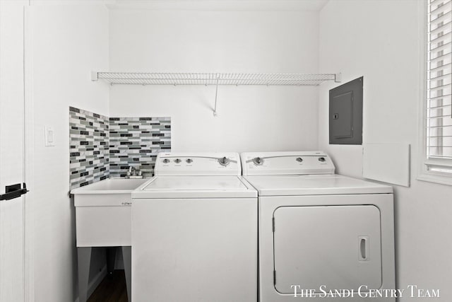 laundry area with electric panel and washer and dryer