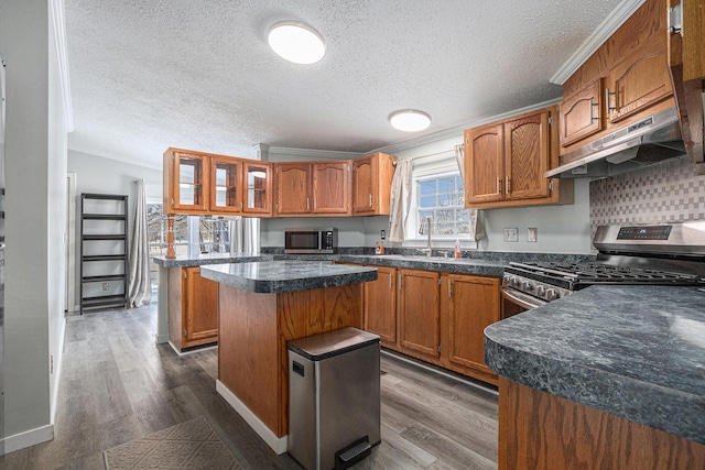 kitchen with crown molding, appliances with stainless steel finishes, dark hardwood / wood-style floors, and a kitchen island