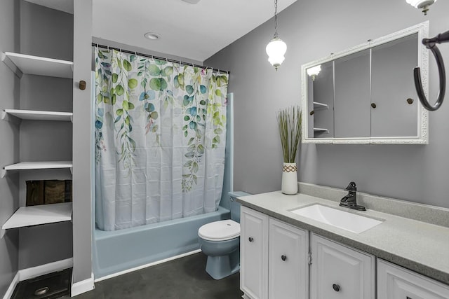 full bathroom with vanity, toilet, and shower / bath combo with shower curtain