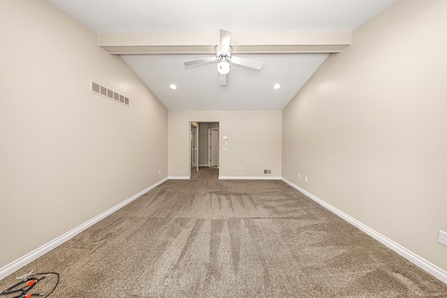 unfurnished room with lofted ceiling with beams, carpet, and ceiling fan