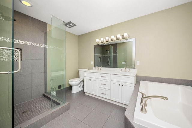 full bathroom with vanity, tile patterned floors, toilet, and separate shower and tub