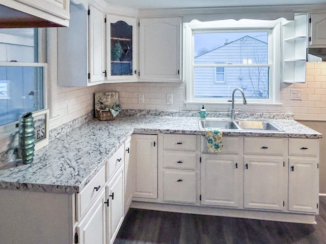 kitchen featuring sink, white cabinetry, dark hardwood / wood-style floors, light stone countertops, and decorative backsplash