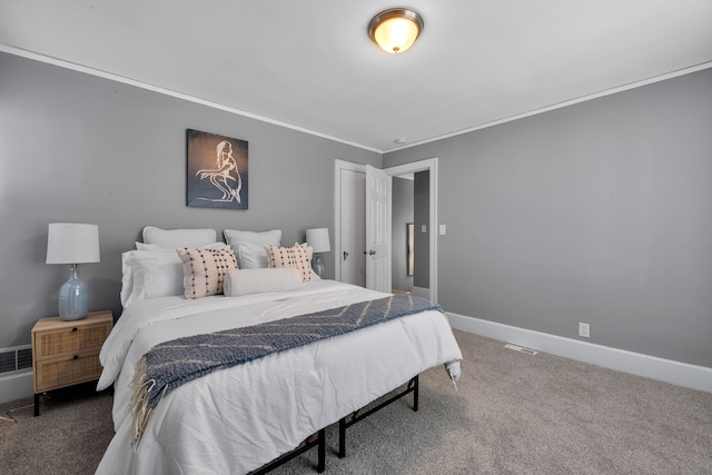 carpeted bedroom featuring ornamental molding