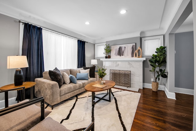 living room featuring a tiled fireplace, dark wood-type flooring, and plenty of natural light