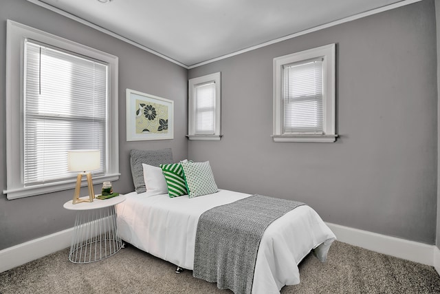 bedroom with crown molding and carpet