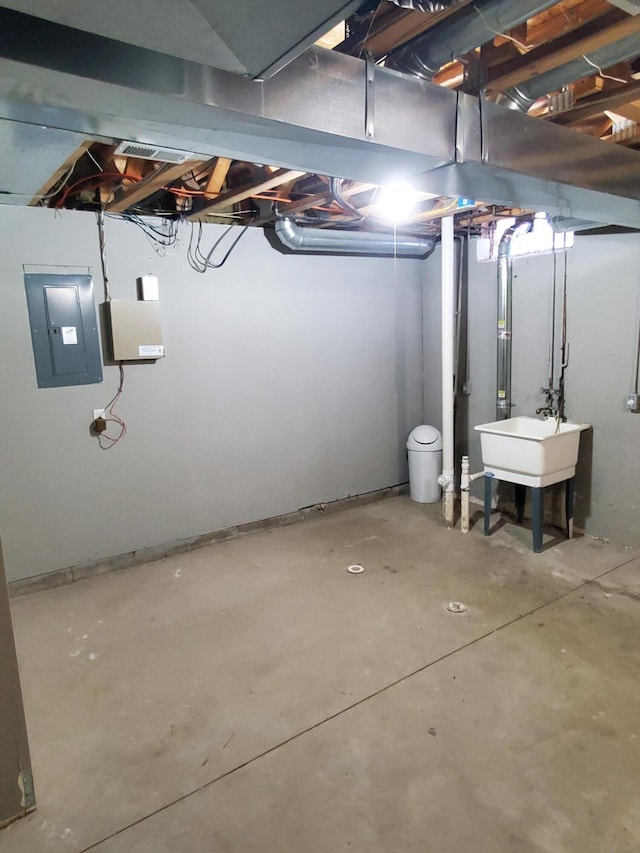 basement featuring sink and electric panel